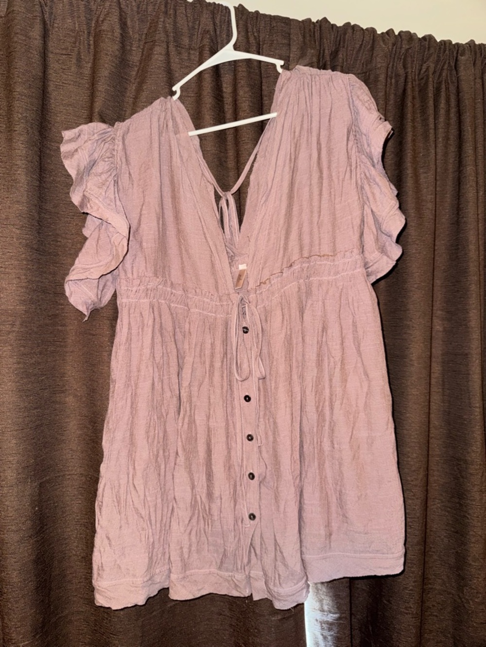 Light Mauve Boho Mini Dress with Tie-Front and Flutter Sleeves